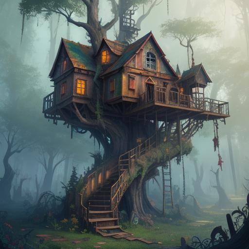 Colorful Abandoned Treehouse: Fantasy Concept Art