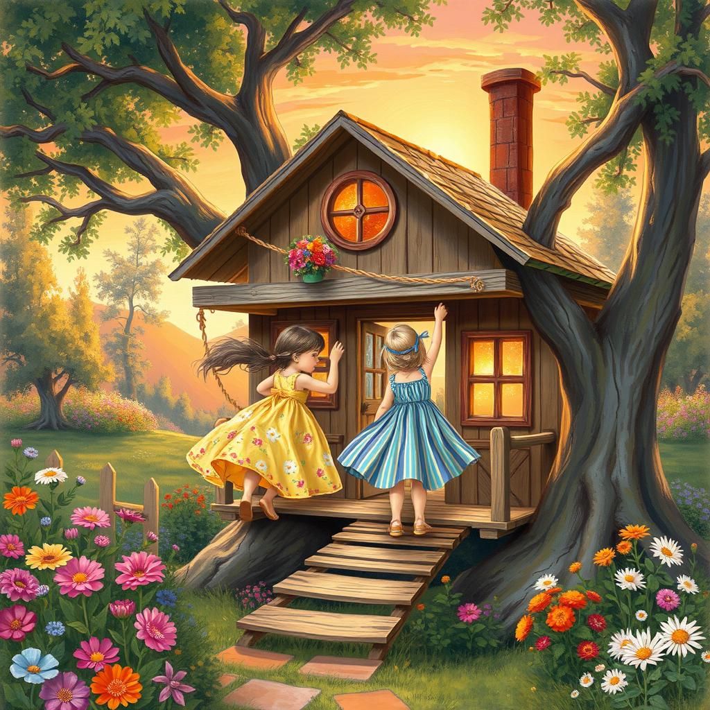 Girls in Treehouse: Impressionistic Garden Sunset