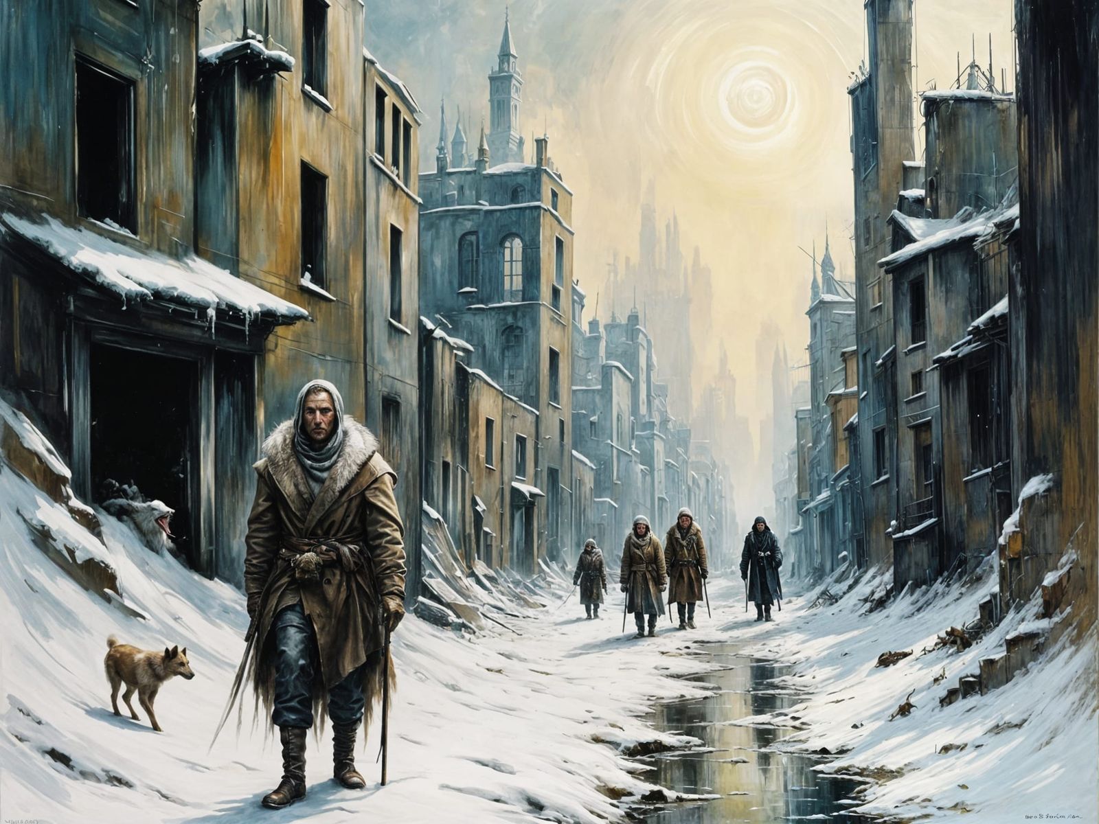 Desolate Winter Apocalyptic Cityscape with Fragile Survivors