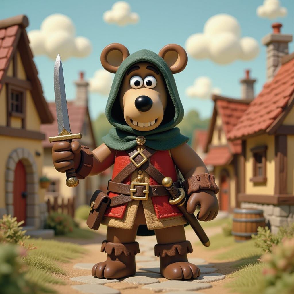 Claymation Thief Bear in Medieval Village
