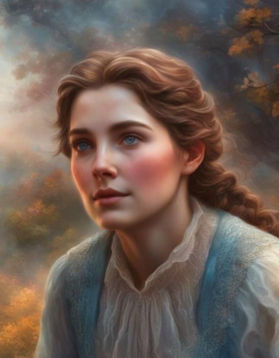 Ethereal Pioneer Woman in Mystical Landscape, Inspired by Da...