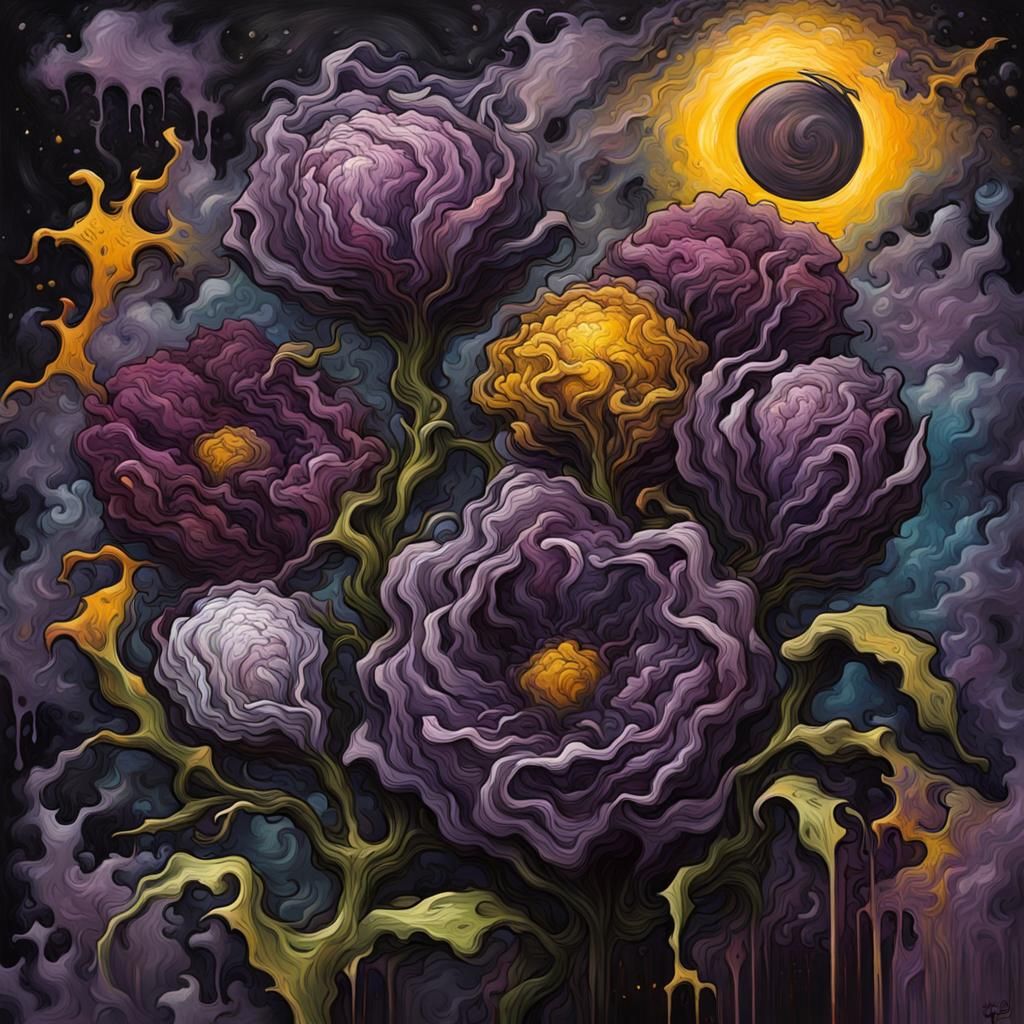 Creepy Flowers in Post-Impressionist Style Under Moonlight