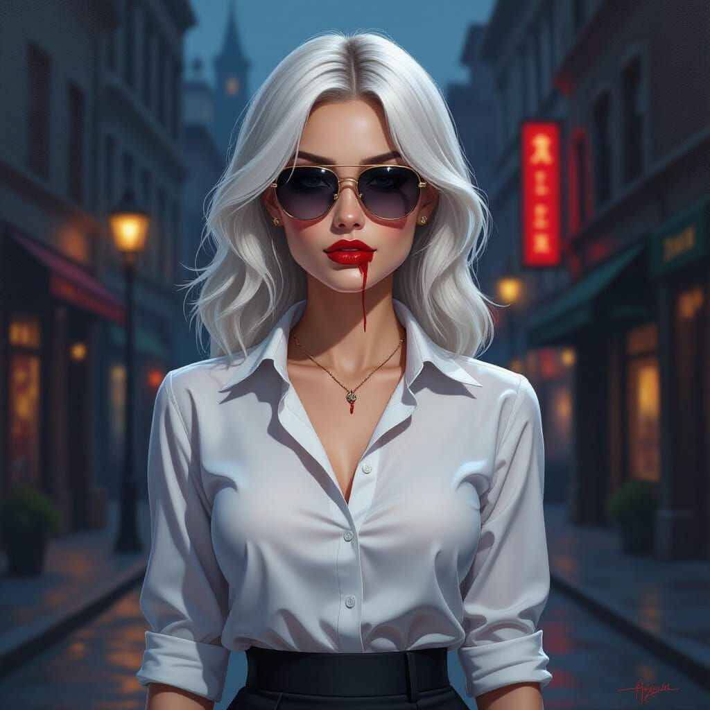 Pale Woman with Drool on City Street, Oil Painting