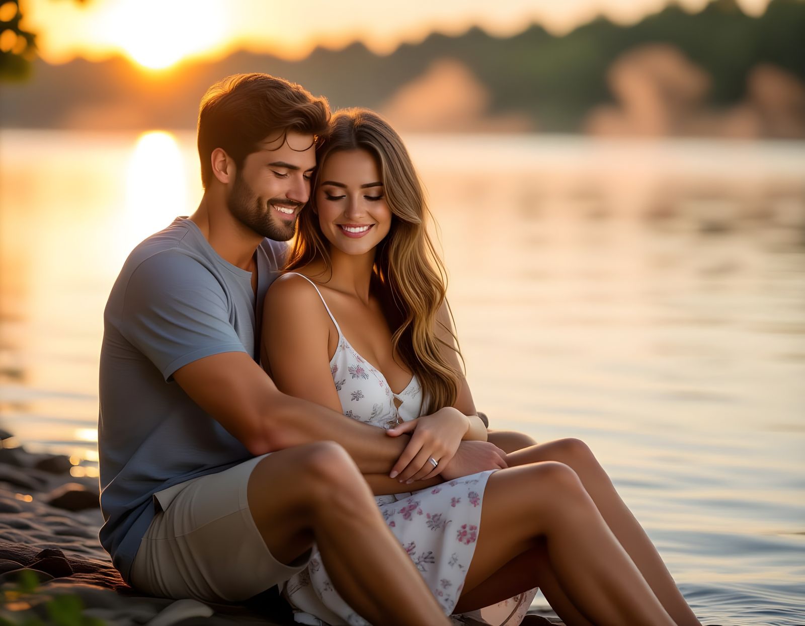 Romantic Couple Embracing at Dawn: Hyperrealistic Photograph...