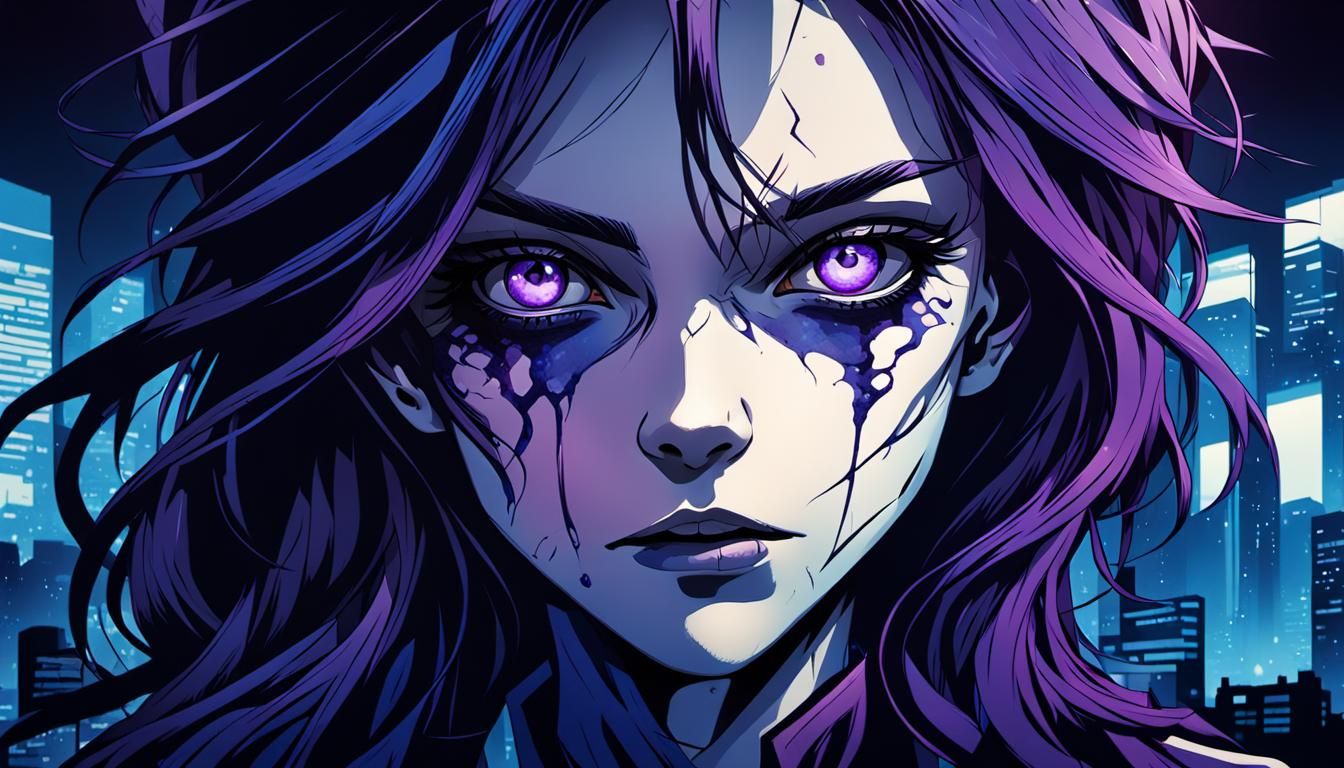 Intense Gaze: Cel-Shaded Manga Portrait in Dark City