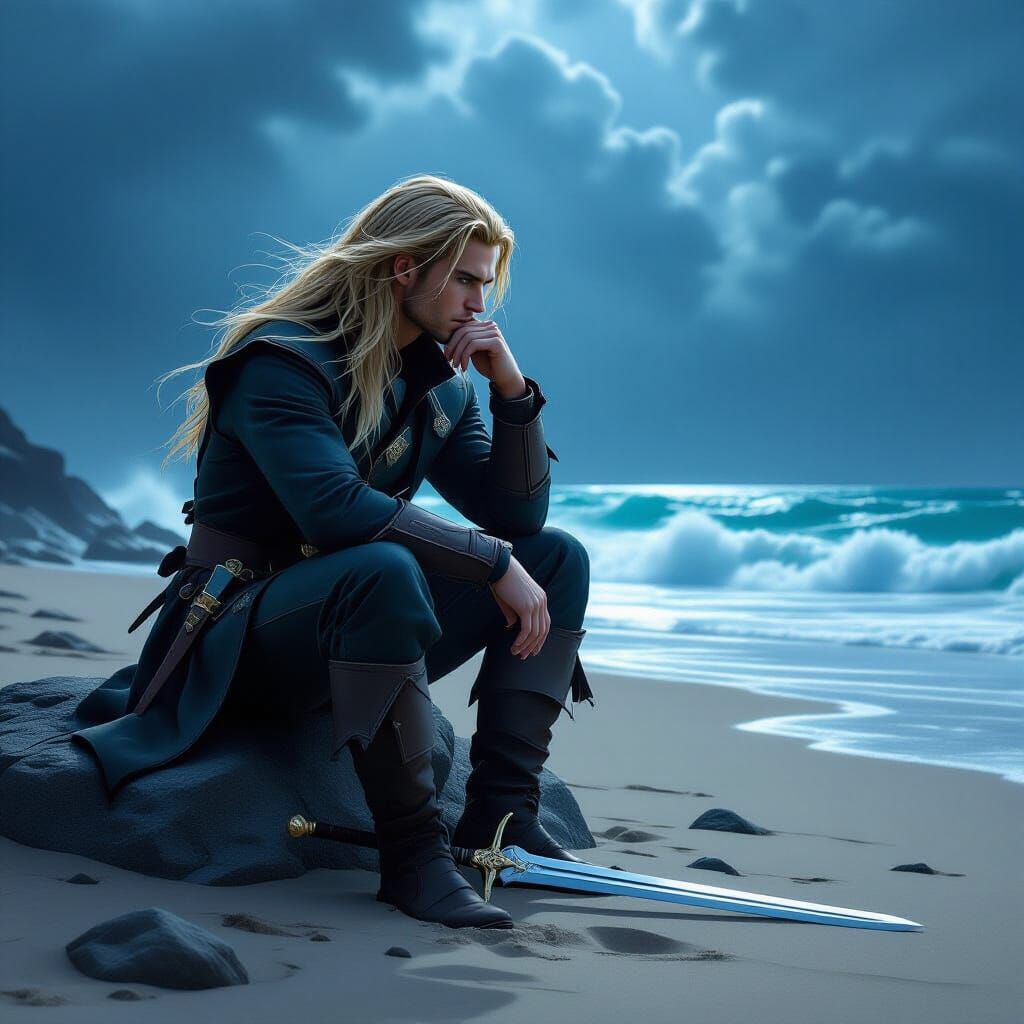 Man Gazing at Stormy Sea on Windswept Beach