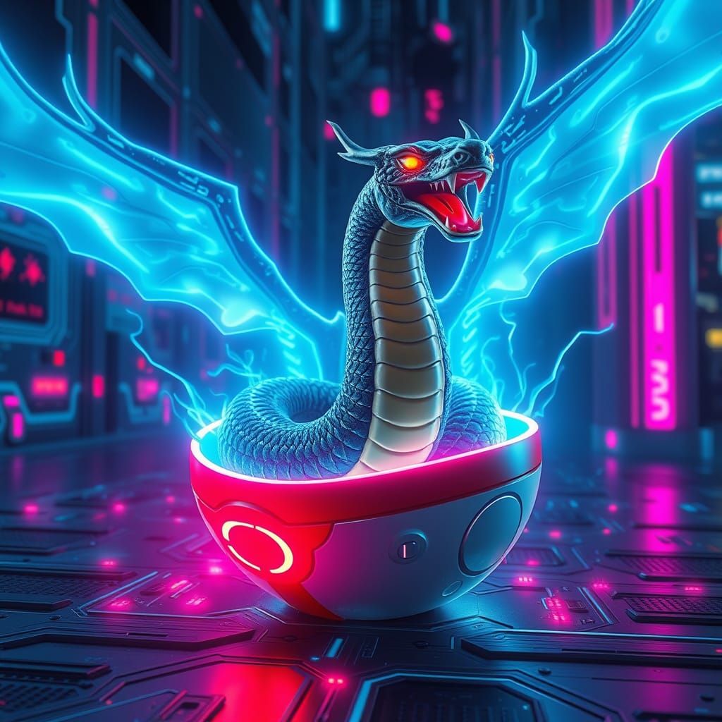 Cyberpunk Dragon Cobra Emerges from Pokeball