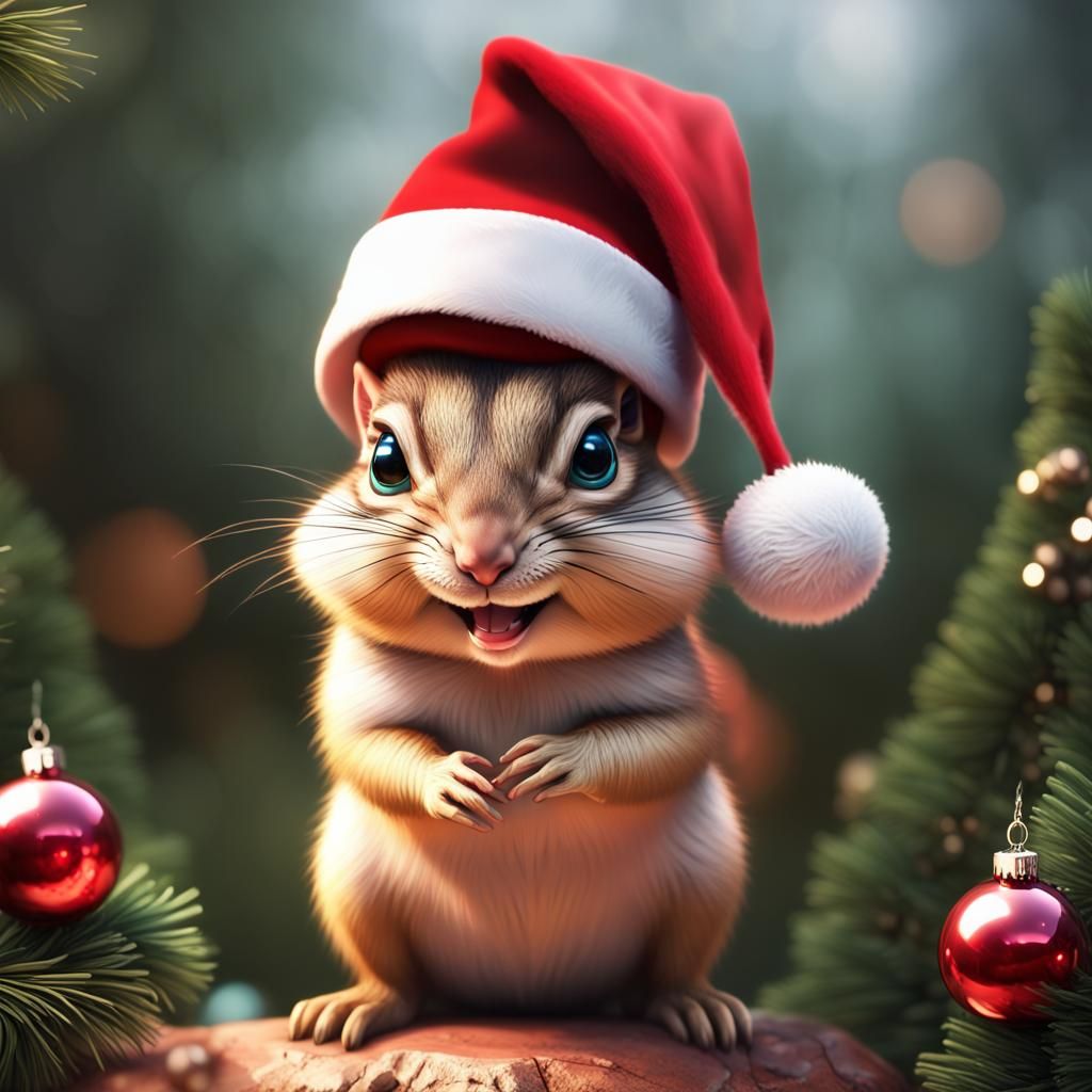 Festive Chipmunk Portrait with Santa Hat, Detailed Digital A...