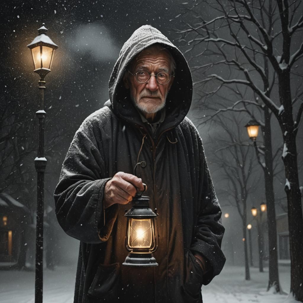 Old Man with Lantern in Snowy Night