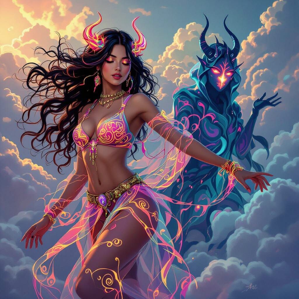 Neon Demoness Dancing in Clouds: Digital Art