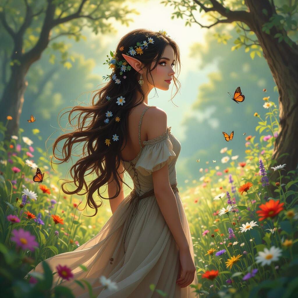 Elf Maiden in Sun-Dappled Forest, Hyperrealistic Art