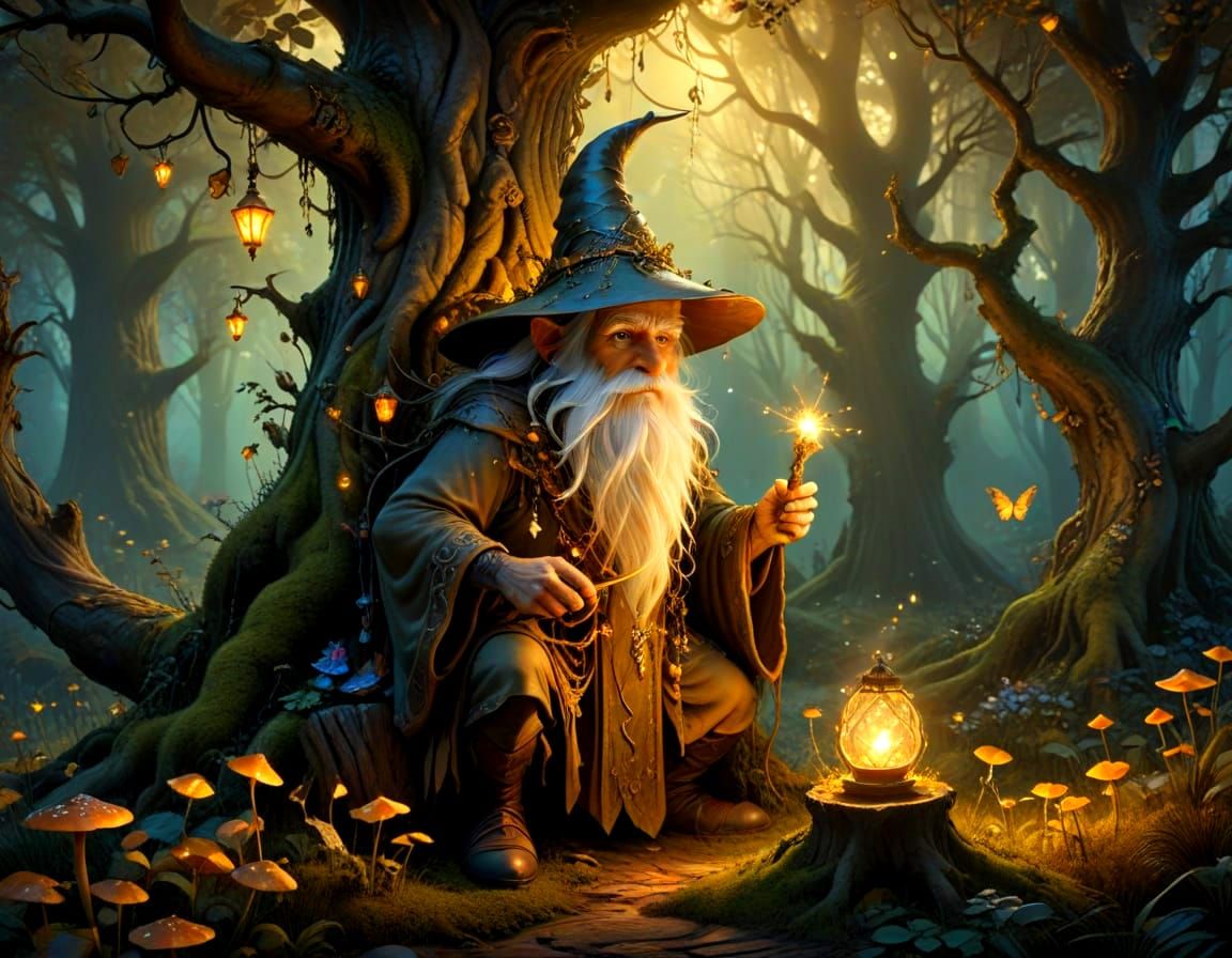Enchanted Forest Scene with Goblin Wizard in Magical Realism