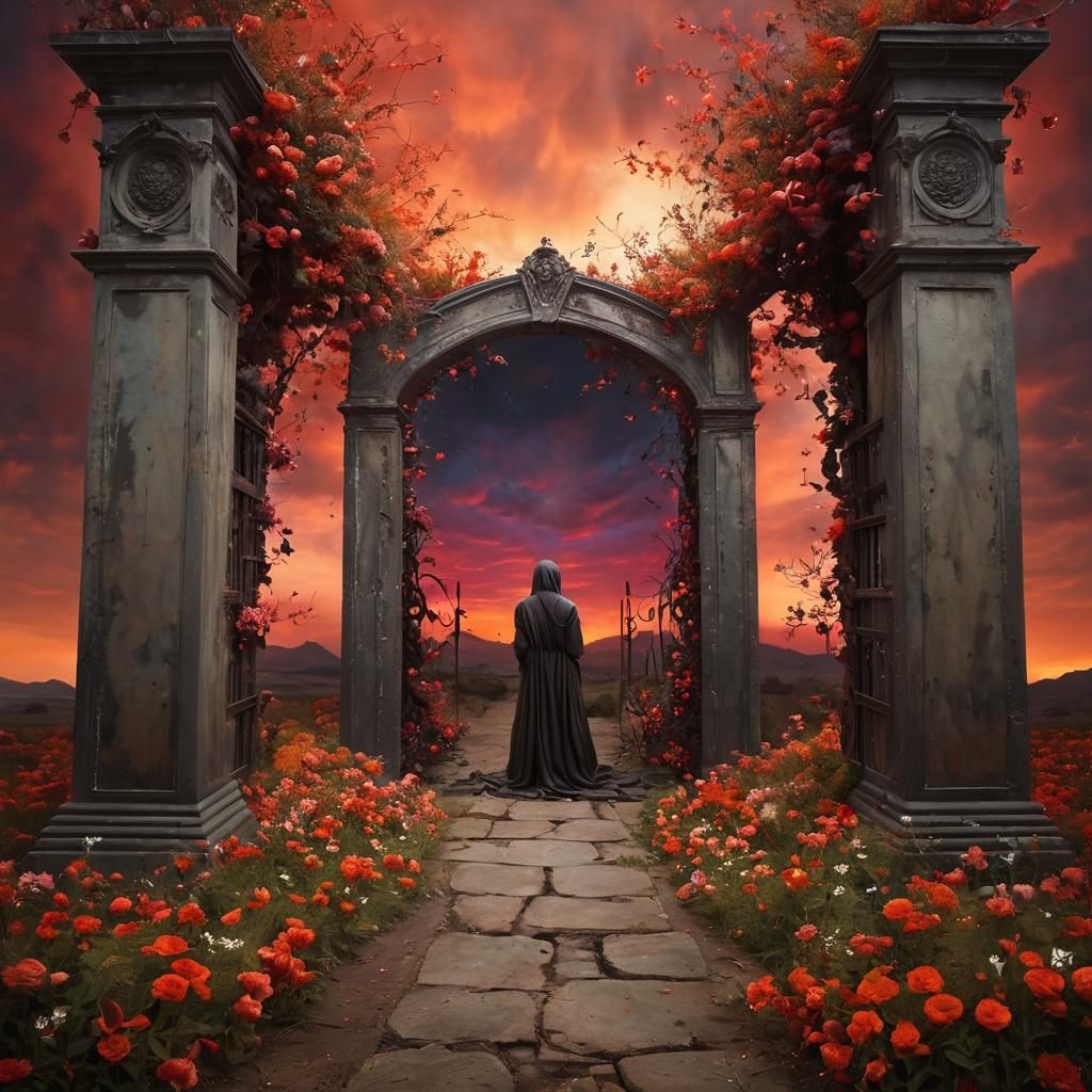 Surreal Dreamscapes: Heaven, Hell, and Praying Figure