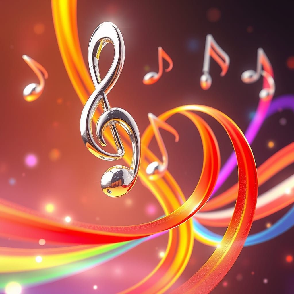 Chrome and Crystal Musical Notes with Rainbow Ribbons