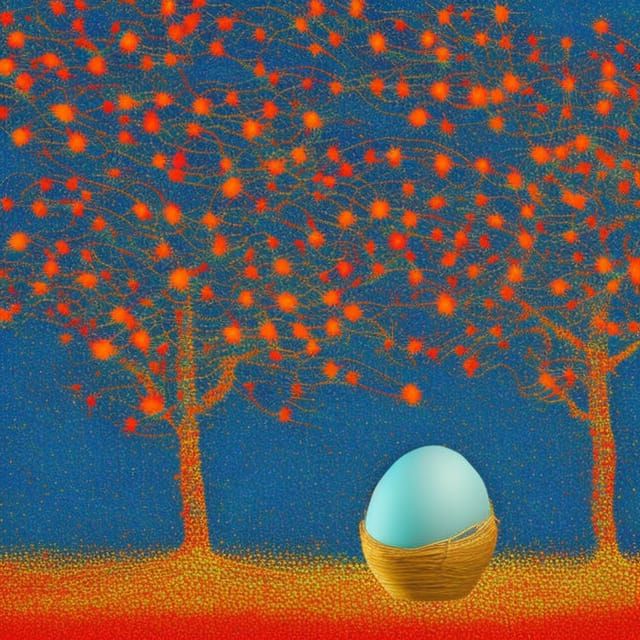 Blue Egg in a Fantastical Tree, Impasto Painting