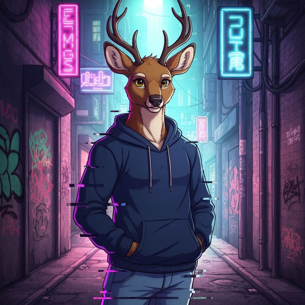 Pixelated Anthro Deer in Urban Cyberpunk Alleyway