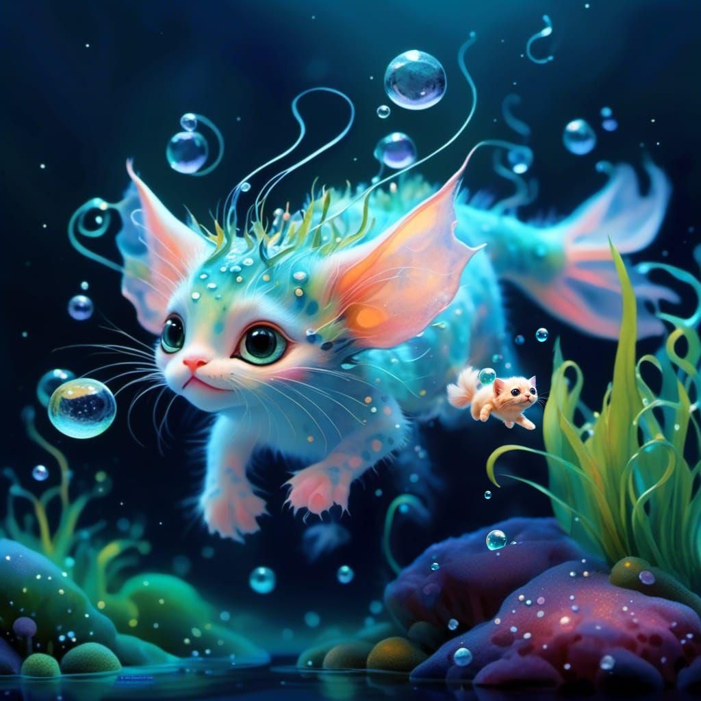 Calico Kitten-Axolotl Hybrid in Dreamscape