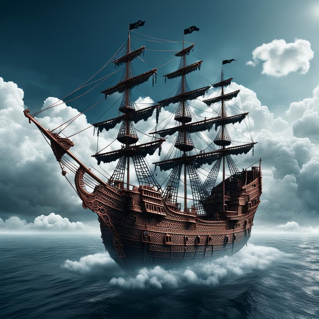 Copper Wire Pirate Ship in Silver Clouds