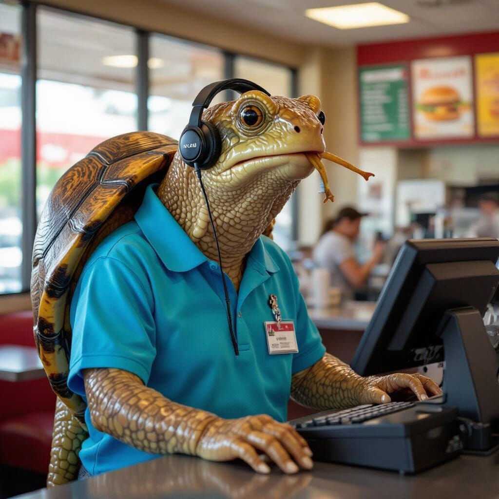 Surreal Snail-Snake Hybrid at Fast Food Restaurant