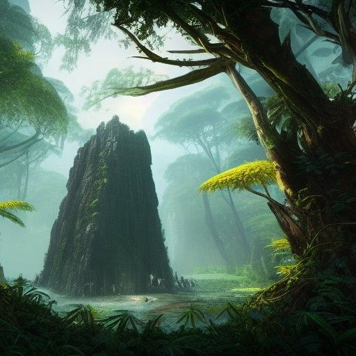 Monolith in Jungle: Detailed Fantasy Concept Art