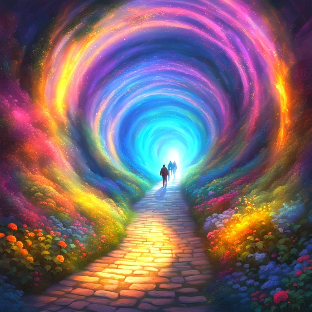 People Walk Through Bright Tunnel Towards Ethereal Light