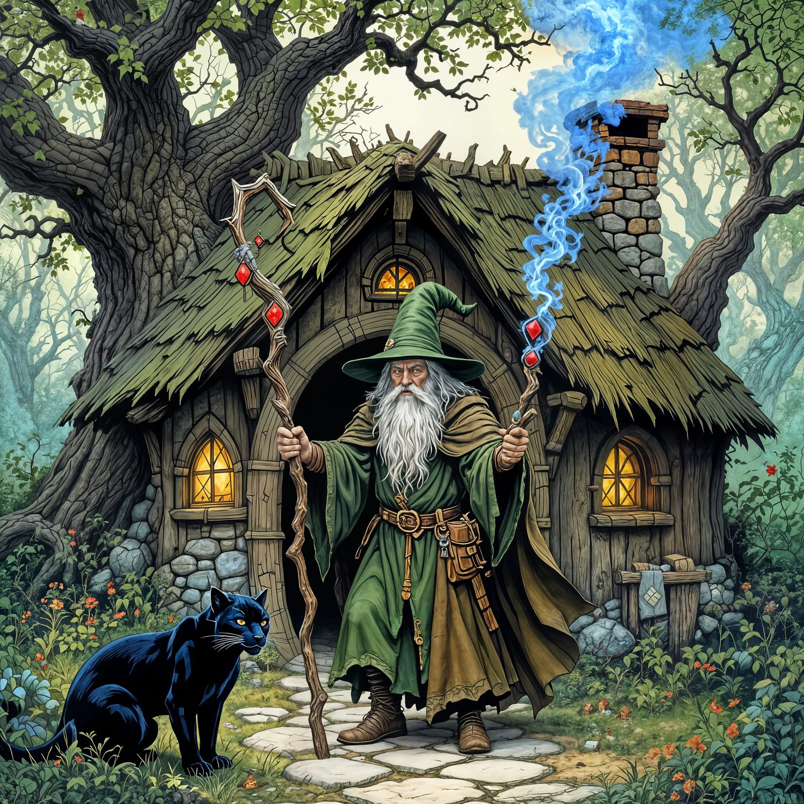 Wizard and Panther Outside Hut in Enchanted Forest
