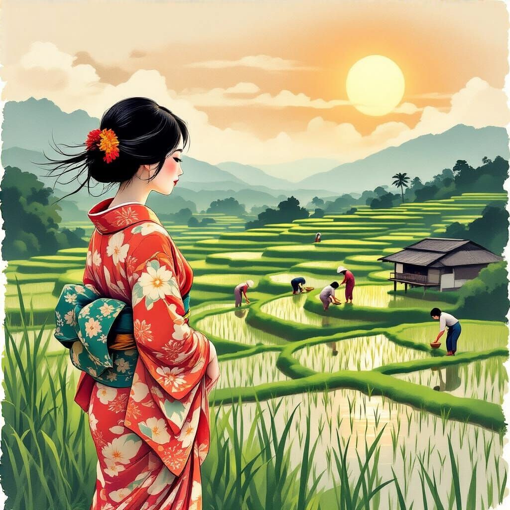 Japanese Woman in Padi Field, Ukiyo-e Style