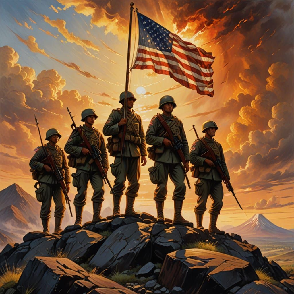 Dramatic Oil Painting of American Soldiers Raising the Flag ...