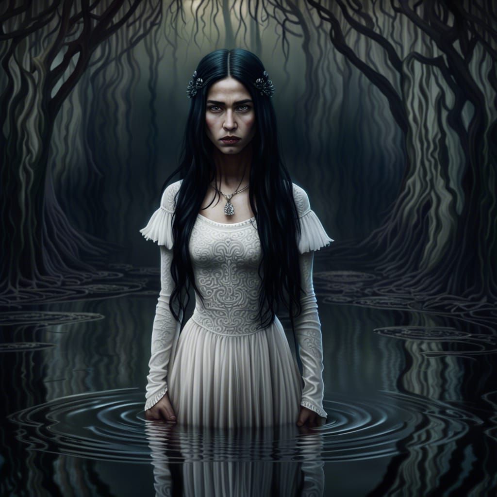 Llorona in Reflective Swamp: Dark Fantasy Art