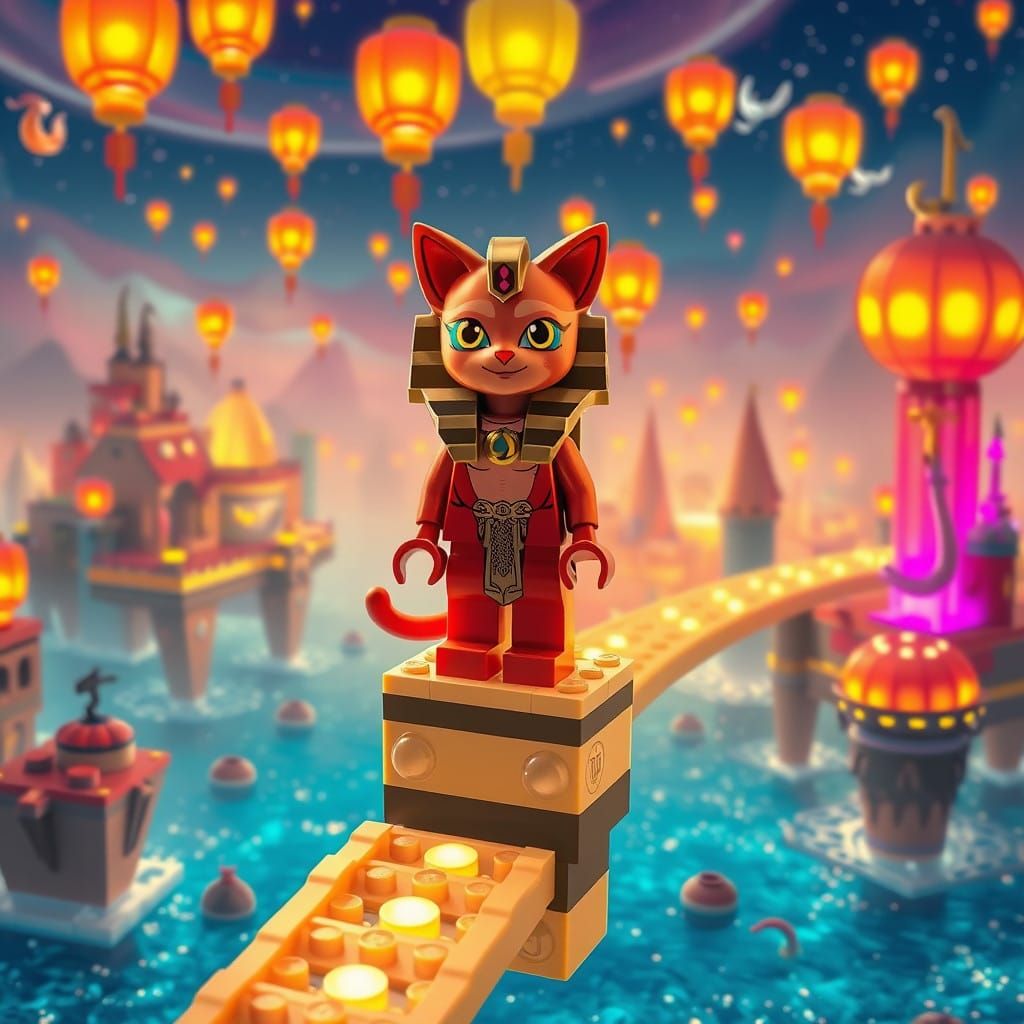 Whimsical LEGO City with Mystic Sphinx Cat Liora