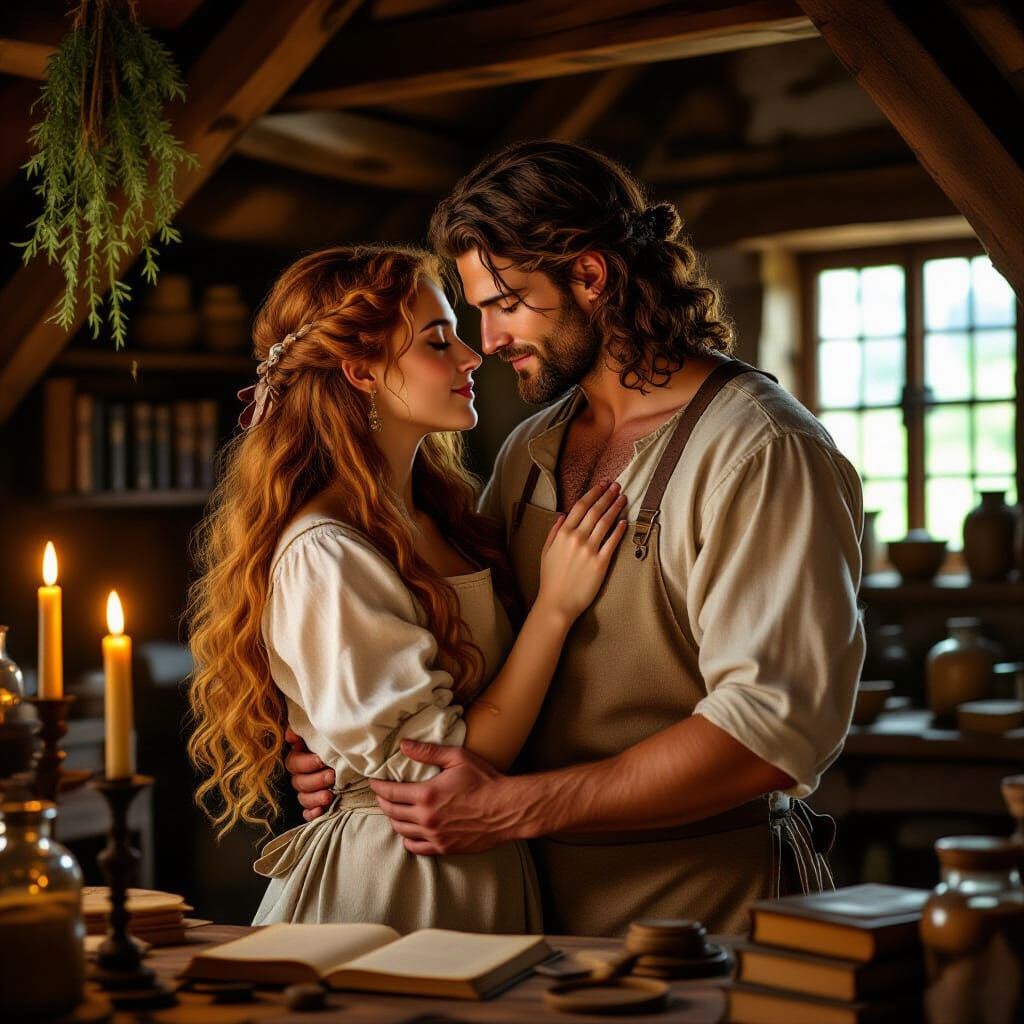 Medieval Medic's Tender Embrace in Candlelit Infirmary