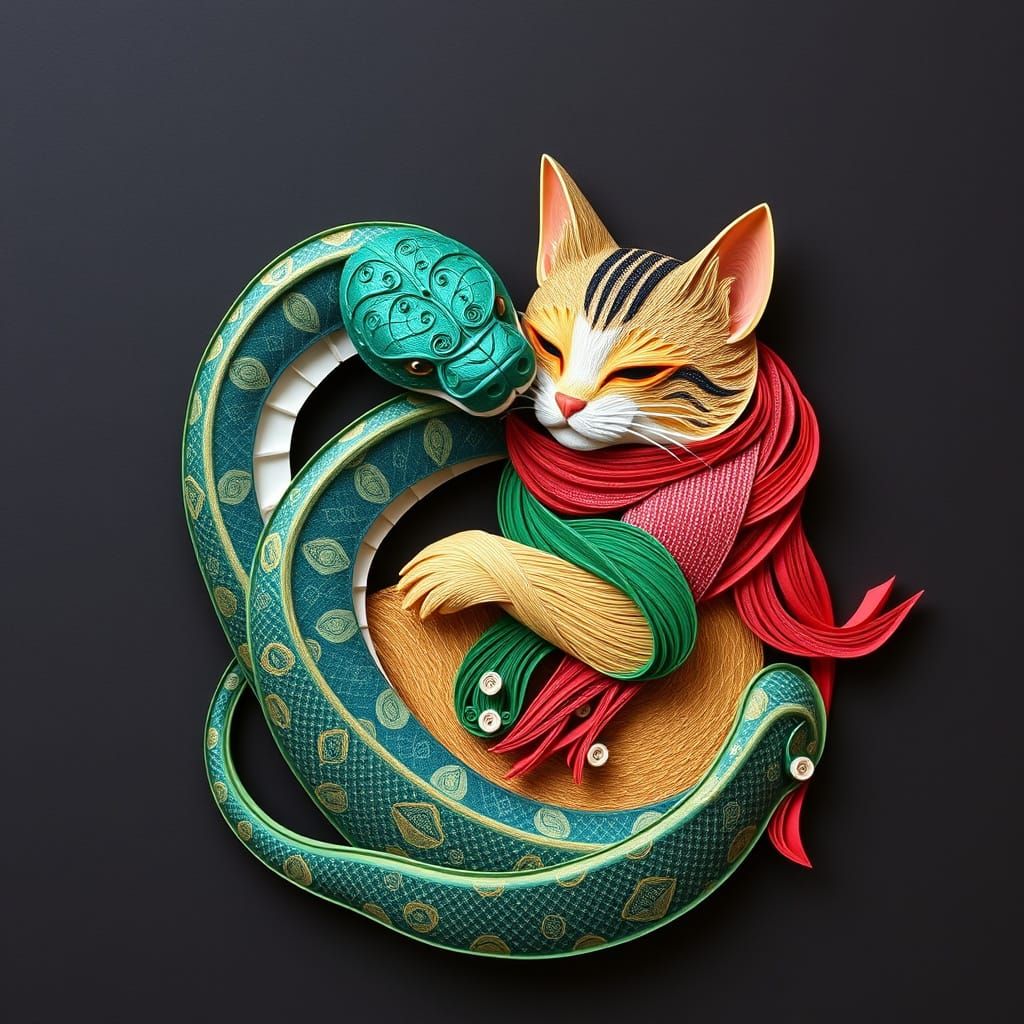 Snuggle Buddies: Snake and Cat Hug in Paper Quilling Style