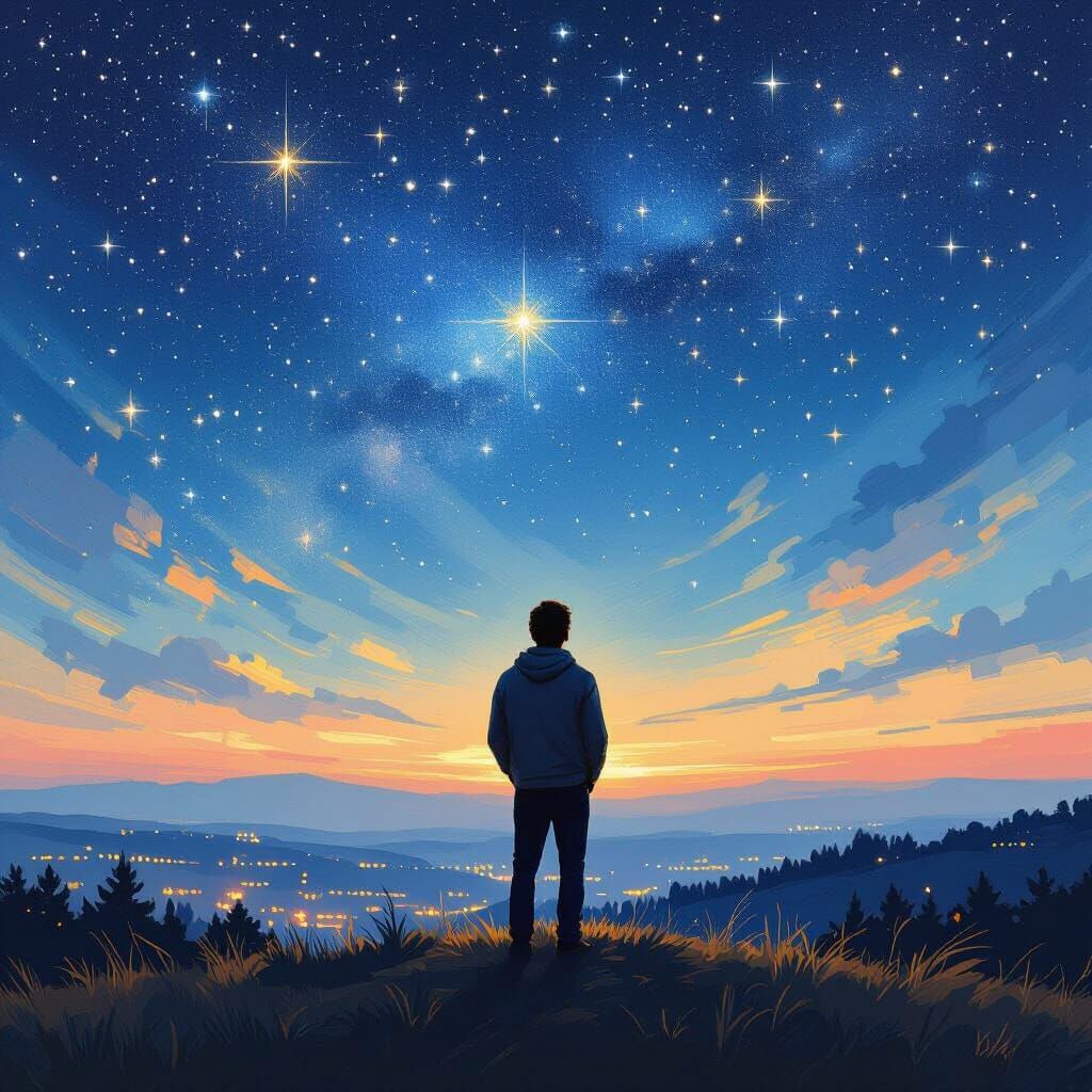 Man Gazing at Starry Night Sky in Impressionist Style