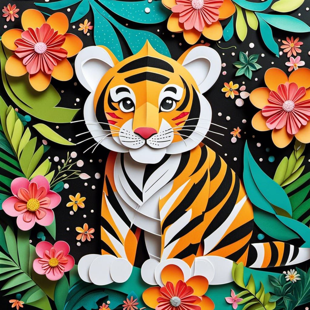 Origami Tiger Cub with Jungle Flowers and Gouache Details