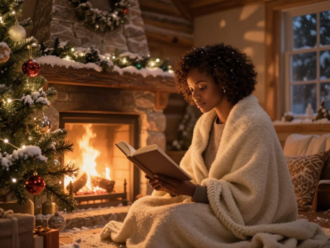 Cozy Christmas Cabin Scene with Black Woman Reading