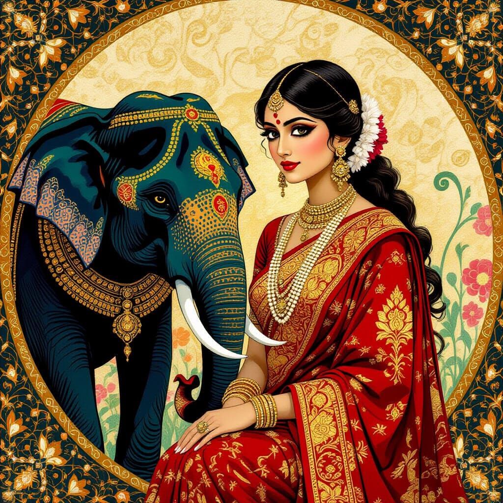 Elegant Indian Lady and Elephant in Klimt Art Nouveau Style