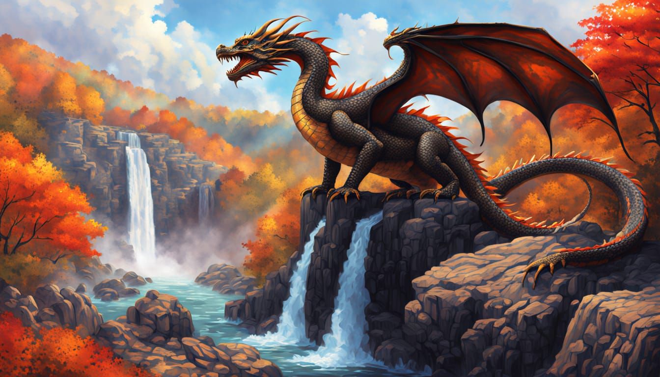 Majestic Obsidian Dragon Over Autumn Waterfall