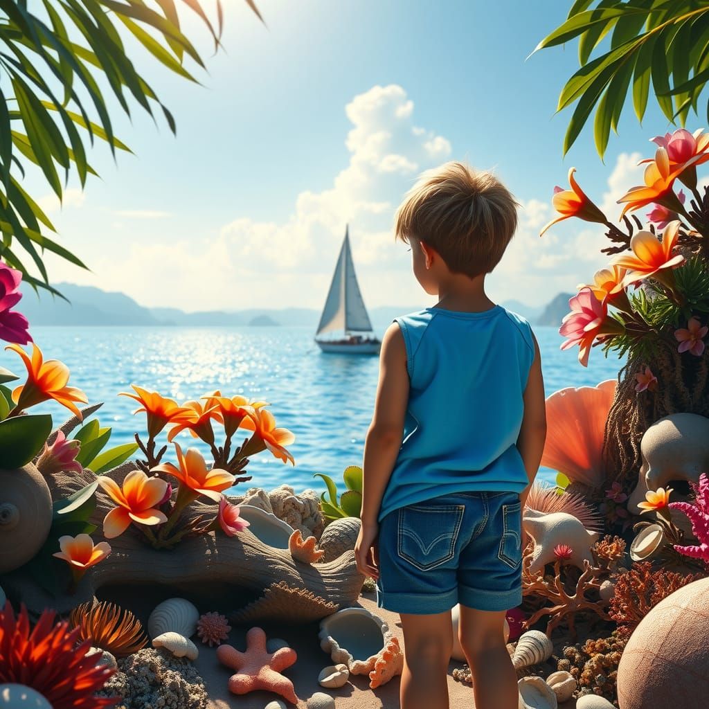 Boy and Sailboat in Dreamy Matte Painting Style