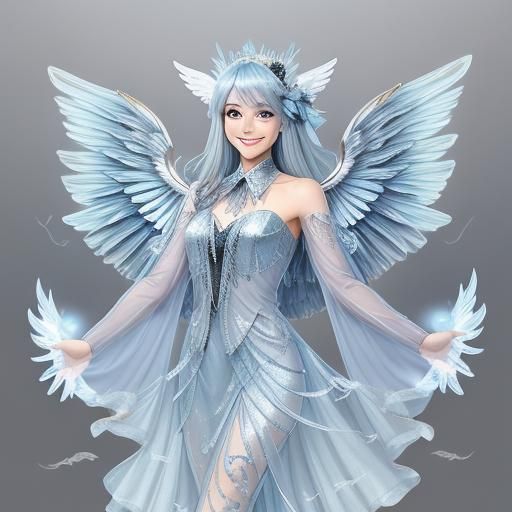Smiling Angel with Smoky Wings in Light Blue