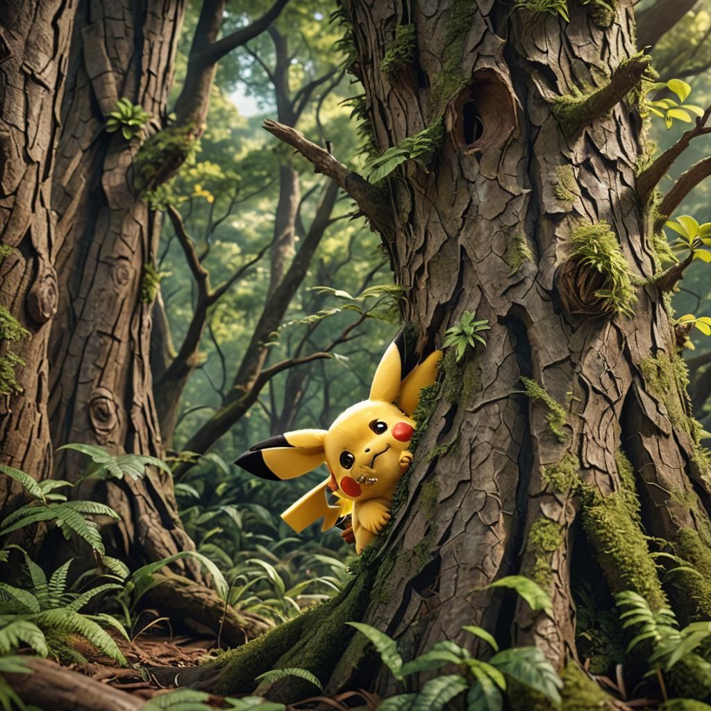 Pikachu plays peek a boo in the forest 8k hyperreal super re...