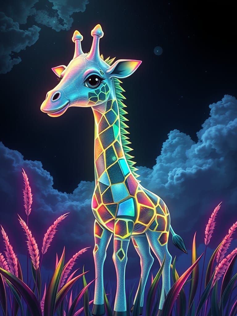 Chibi Giraffe of Glowing Fiberglass in Pastel Plaid Landscap...