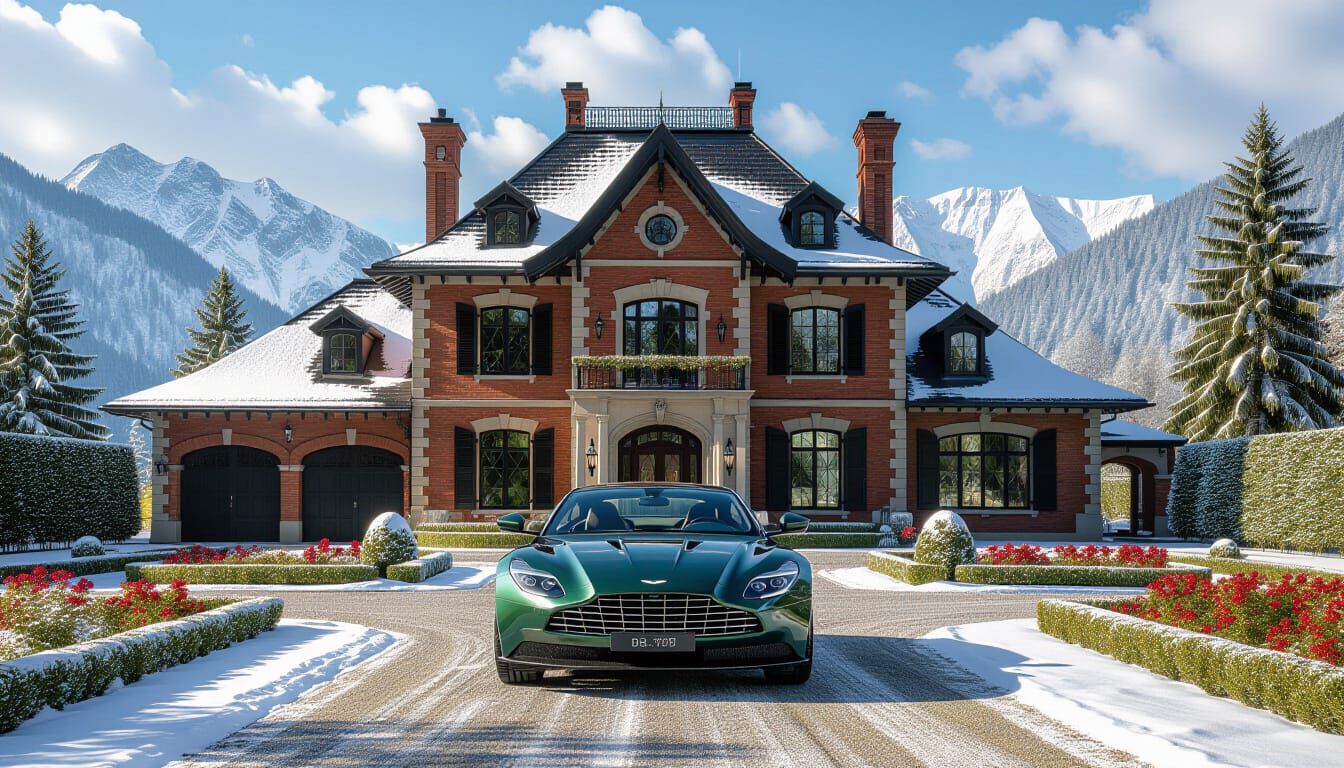 Victorian Chateau with Aston Martin in Snowy Garden