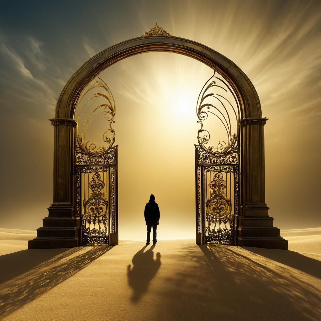 Surreal Dreamscape with Distorted Perspective and Bronze Gat...