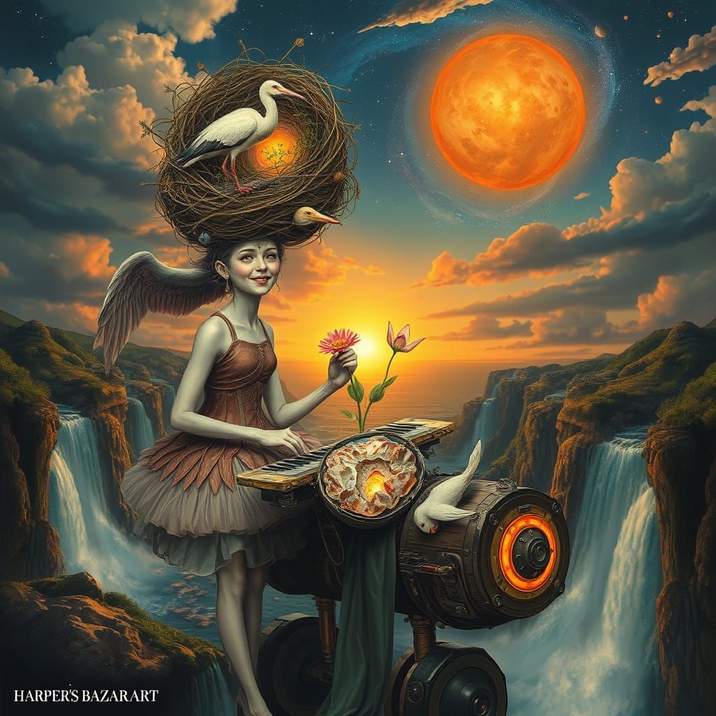 Surreal Storks Compose Poems Atop Spaceship