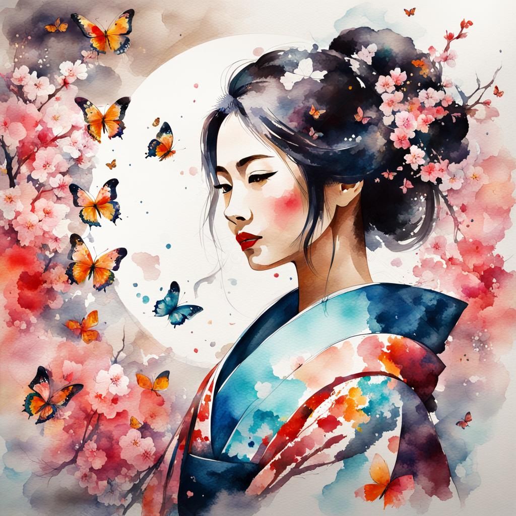 Impressionistic Watercolor of Woman in Kimono with Sakura