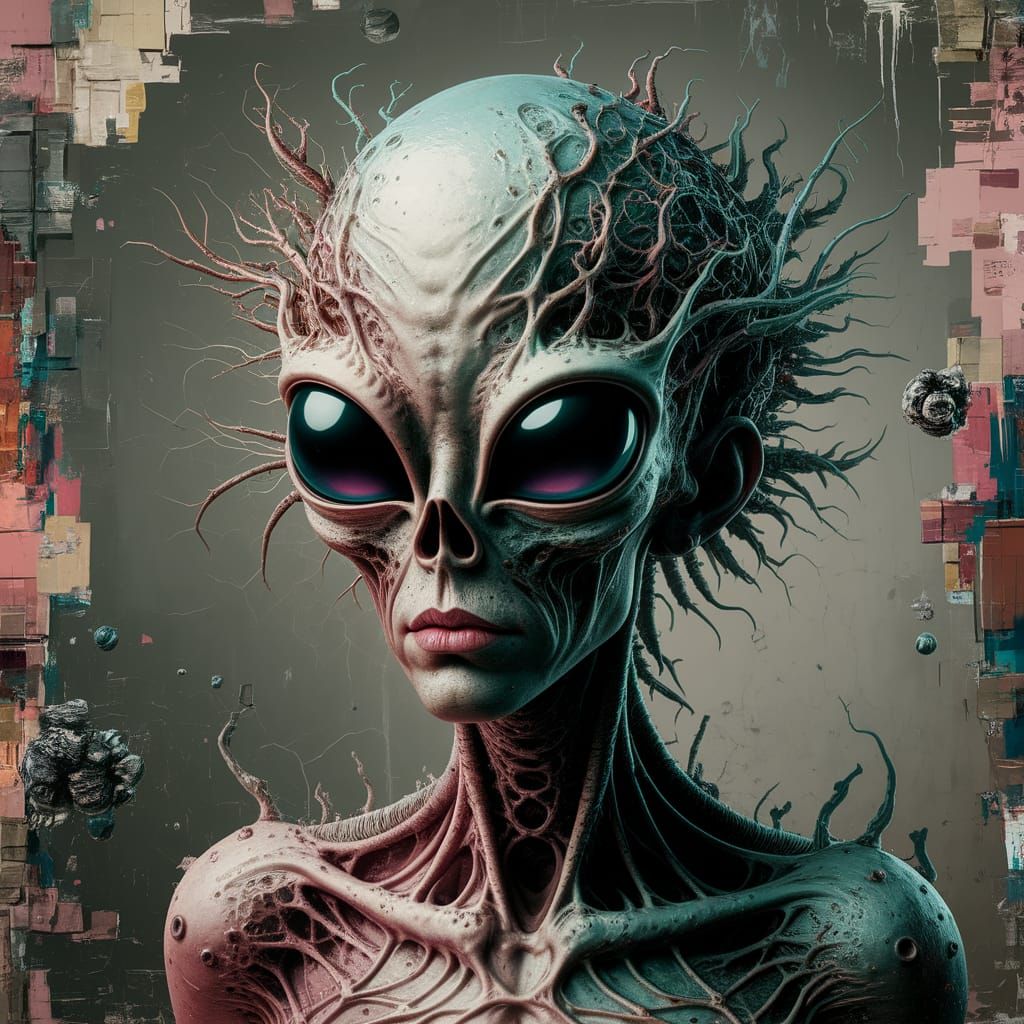 Surreal Alien Artwork in Mixed Media