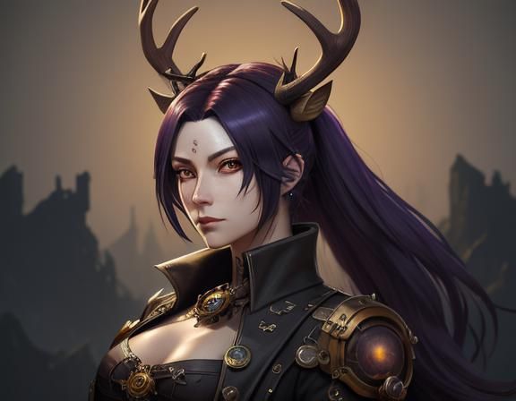 Steampunk Anime Female with Antlers in Detailed Style