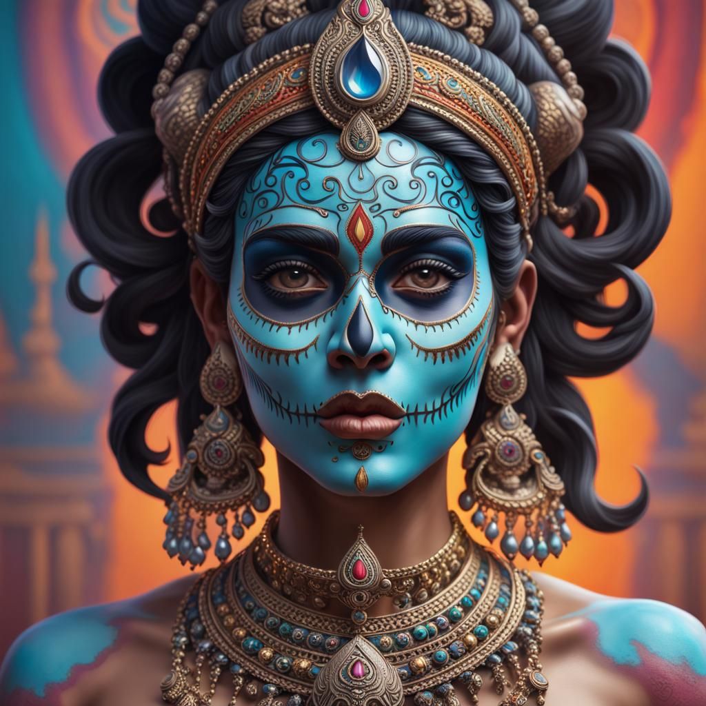 detailed Kali , Hindu goddess, pretty face, piercing eyes, ornate  skull neck jewelry,  Hyperrealistic, splash art, conc...