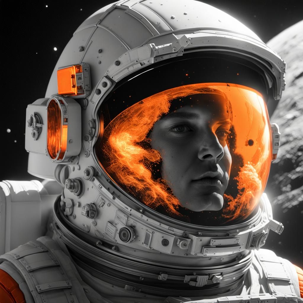 Astronaut Visor Reflects Fiery Explosion in Black and White