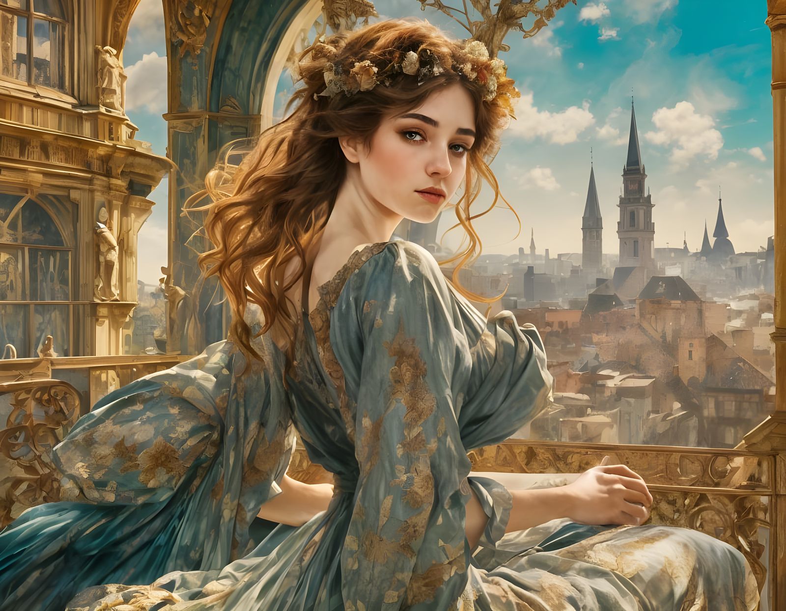 Impressionist Women Enjoying Coffee in Luxury Rooftop Cafe